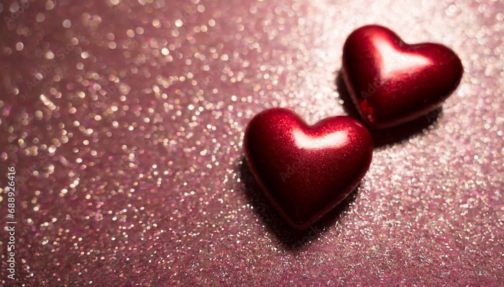 valentines day theme fo Two hearts entwined in love, set on glitter with a dreamy, abstract backdrop