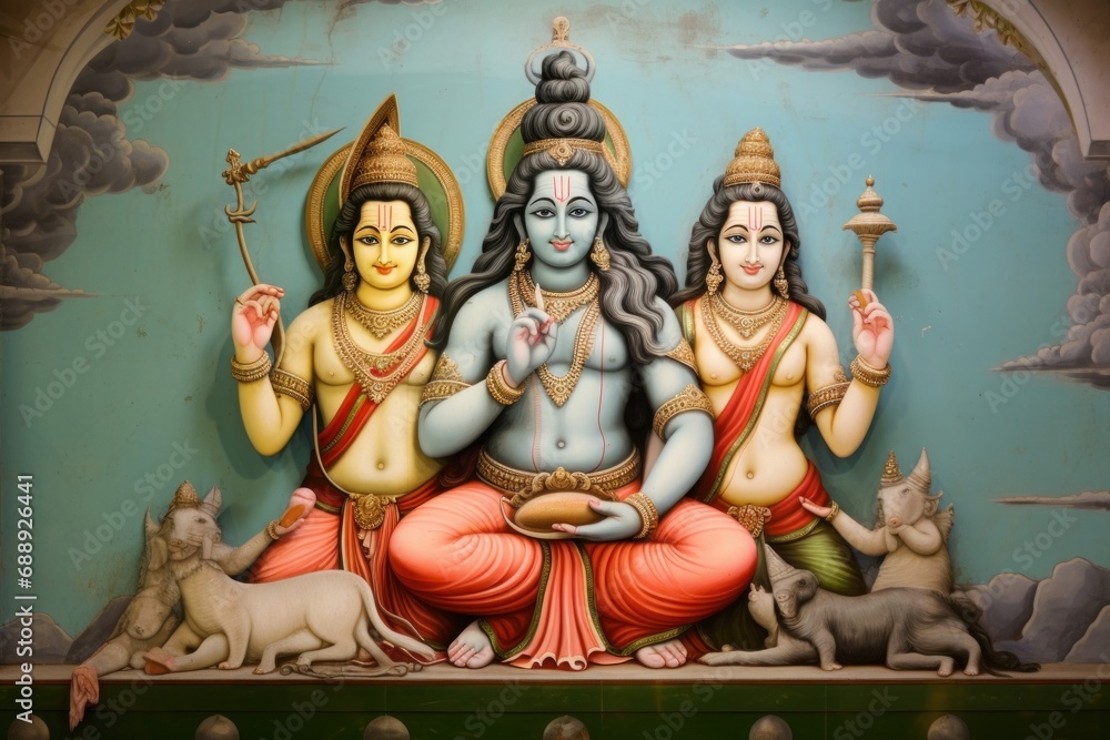 Jalaram Prathna hindu temple, Leicester. Fresco depicting Shiva, Parvati and Ganesh. United kingdom, Generative AI