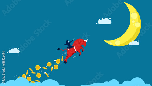 Profit from stock trading. Businesswoman on the bull market sprinkles money in the sky. vector illustration