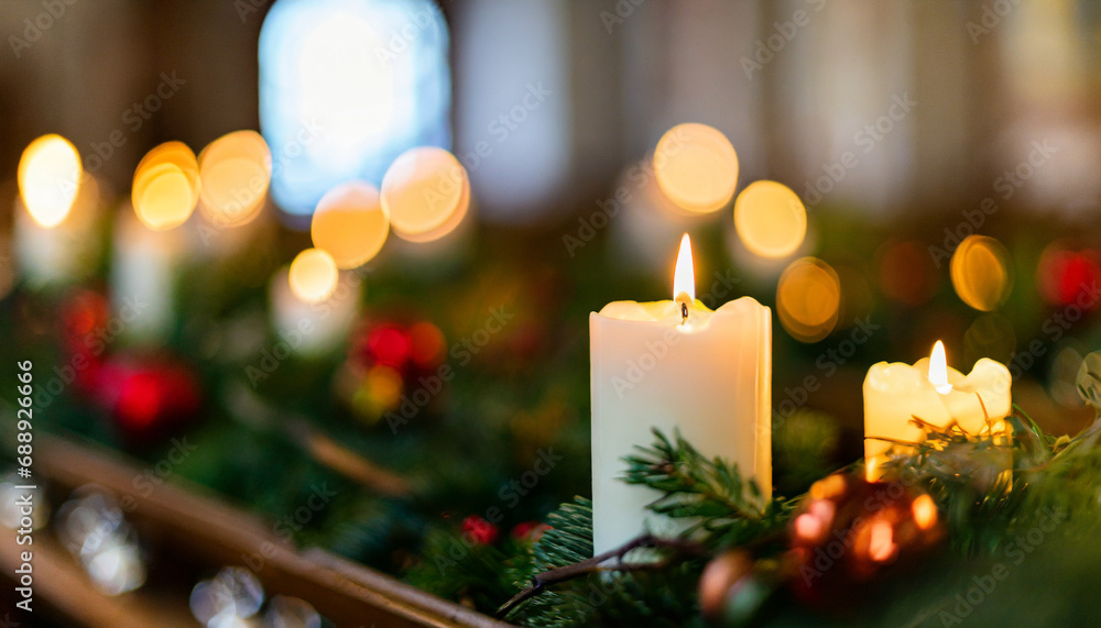 Soft candlelight fills the church, casting a warm glow amidst abstract lights, creating a serene ambiance for Advent