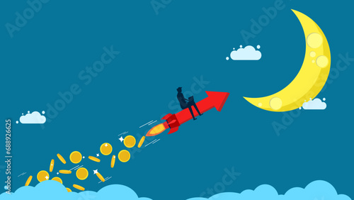 Profit grows. Businessman controls arrows to scatter money in the sky. Vector illustration
