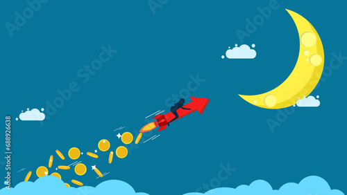 Income grows. Businesswoman controls arrows to scatter money in the sky. Vector illustration