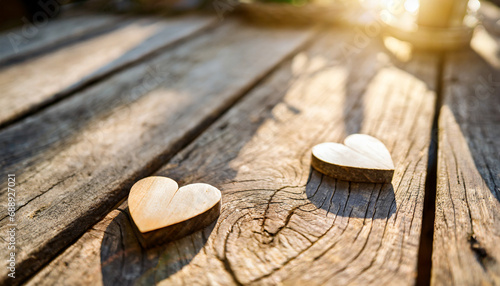Two wooden hearts bathed in sunlight on a textured table, evoking warmth and affection photo