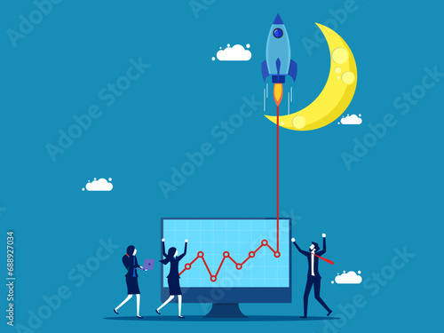 Highly successful. team of businessmen creates a graph rising towards the moon