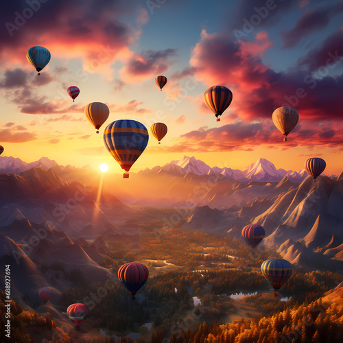 A cluster of hot air balloons rising at sunrise
