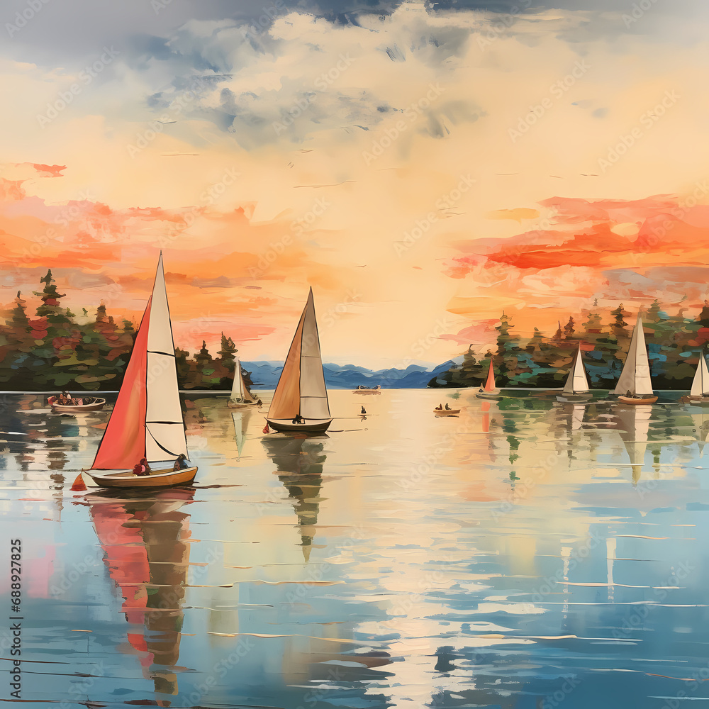 A cluster of sailboats on a calm lake