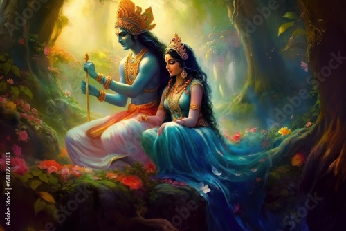 The Love of Radha and Krishna in a Magical Realm. Generative AI photo