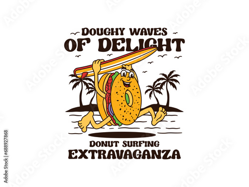 Cartoon Character Of A Donut With A Vintage And Handwritten Style Goes On Holiday At The Beach