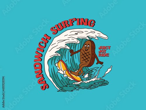 Cartoon Character Of A Steak Surfing With A Vintage And Handwritten Style Goes On Holiday At The Beach