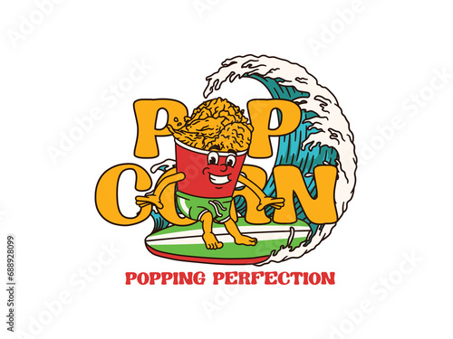 Cartoon Character Of A Popping Popcorn With A Vintage And Handwritten Style Goes On Holiday At The Beach