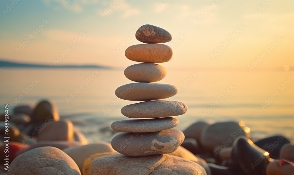 Stone tower. Stones Balance, Natural pebbles on the beach. Balancing body, mind, soul and spirit. Mental health, yoga theme. Generative AI - obrazy, fototapety, plakaty 