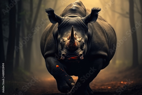 Large angry rhinoceros running in dark dense forest. photo