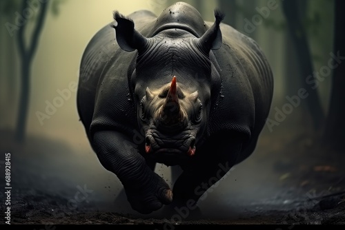 Large angry rhinoceros running in dark dense forest. photo