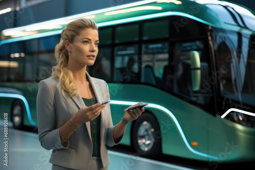 Professional woman in an innovation seminar speaking on a stage of an innovative hydrogen-powered green bus.