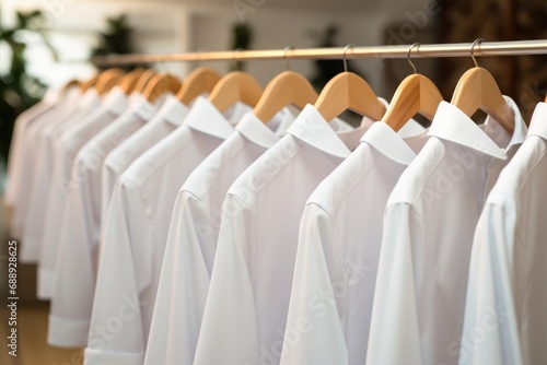 White shirts hanged in a rack.