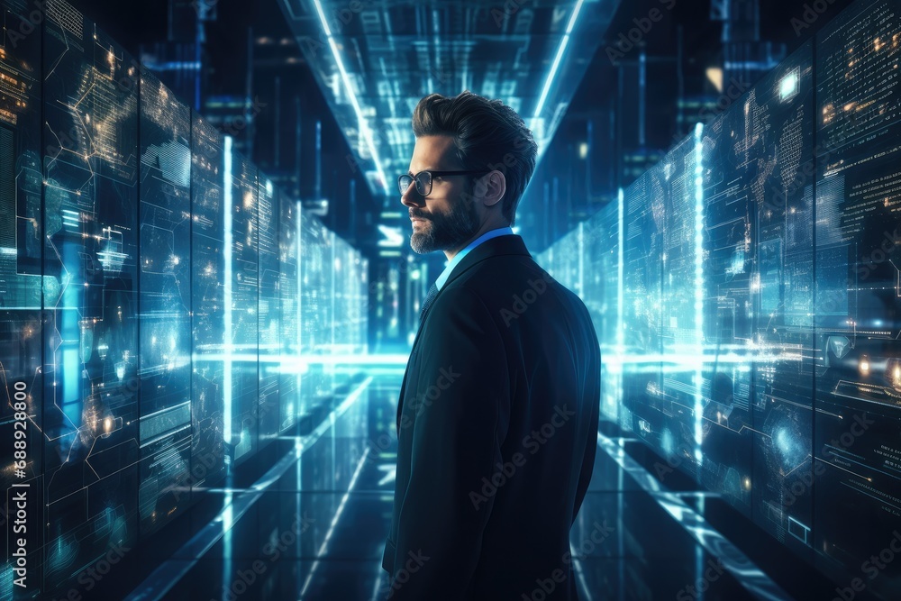 Cybersecurity businessman projecting data servers in the style of light indigo and light azure. Cybersecurity businessman projecting data servers in the style of light indigo and light azure.