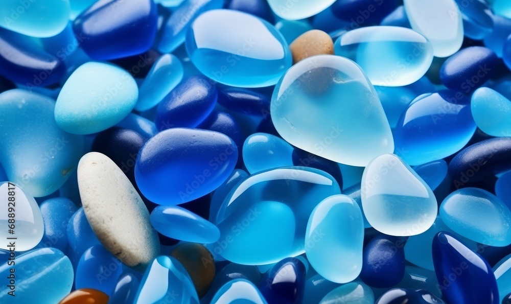 Azure blue glass pebbles, gemstones on a beach. Texture of the polished sea glass and stones on the seashore. Colourful romantic holiday background. Generative AI