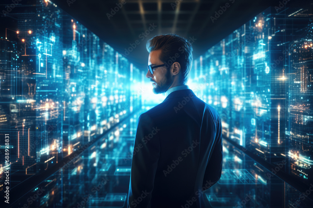 Cybersecurity businessman projecting data servers in the style of light indigo and light azure. Cybersecurity businessman projecting data servers in the style of light indigo and light azure.