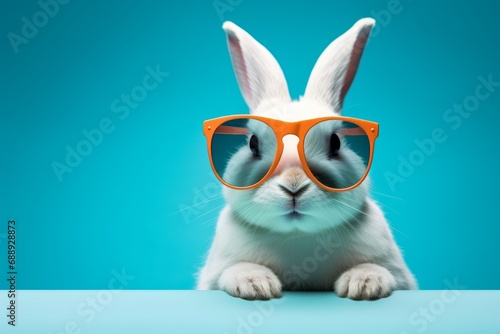 Abstract clip-art of White Rabbit wearing trendy sunglasses. Contemporary colourful background. Copy space. Summer minimalism. For posters, planners, web, landing page, illustration. Generative AI © Infinite Exposures