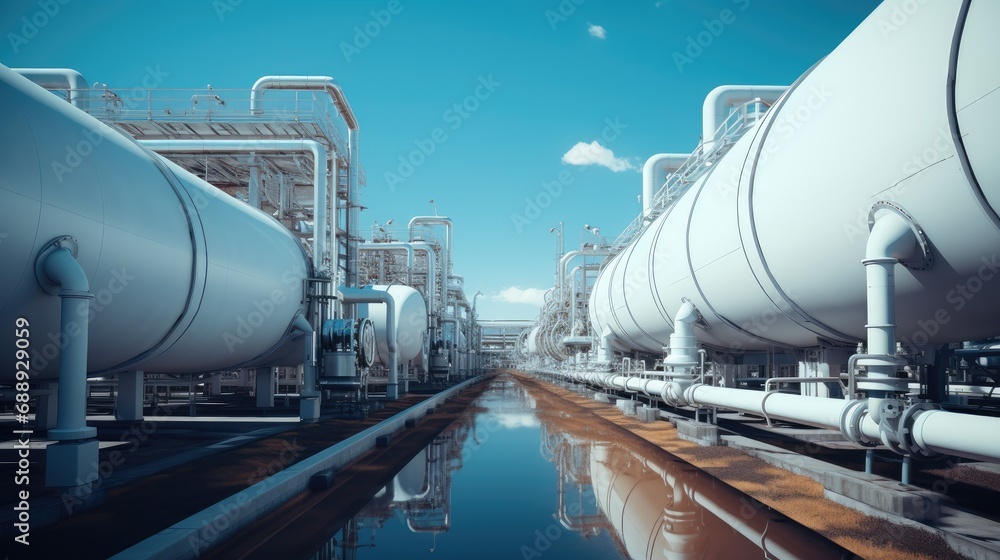Hydrogen power plant with large steel tanks and pipes, Clean H2 energy concept. Hydrogen power plant with large steel tanks and pipes, Clean H2 energy concept.