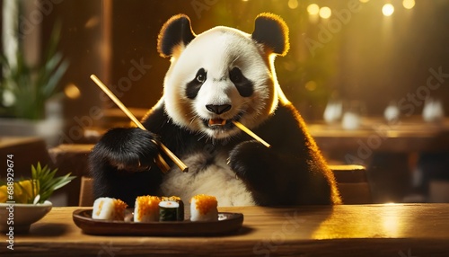 Panda Enjoying Bamboo Chopsticks instead of Sushi in a Restaurant photo