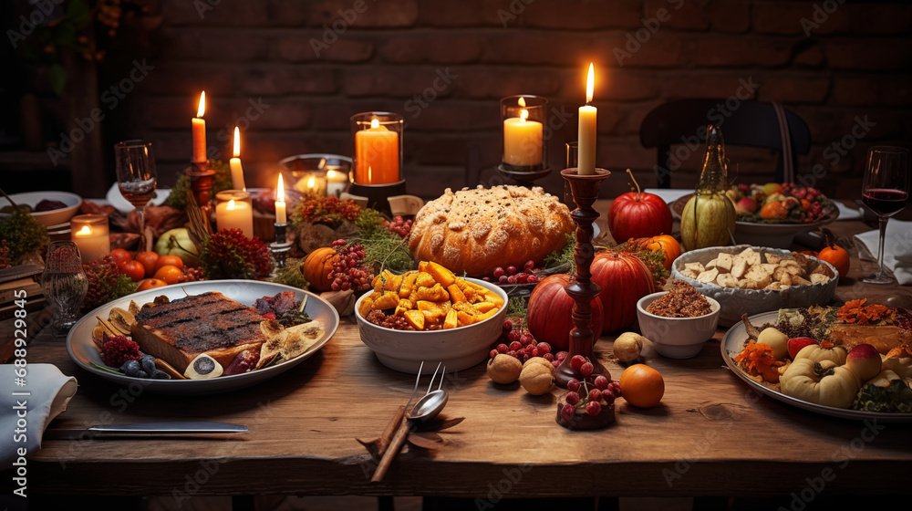 Festive Thanksgiving Ambiance: Illuminated Wooden Table