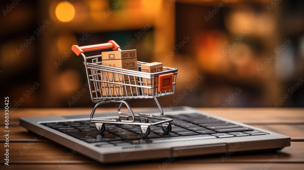 Online shopping concept with miniature shopping cart standing in front of laptop.