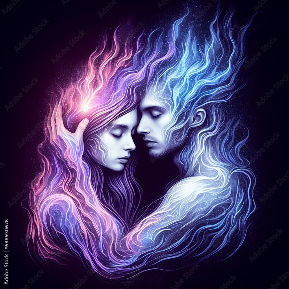 Twin flame couple. Soulmates. The concept of magical, esoteric, tantric, spiritual love. Connection between souls. Illustration for websites and much more. Created using generative ai tools.