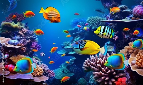 Animals of the underwater sea world. Ecosystem. Colorful tropical fish. Generative AI