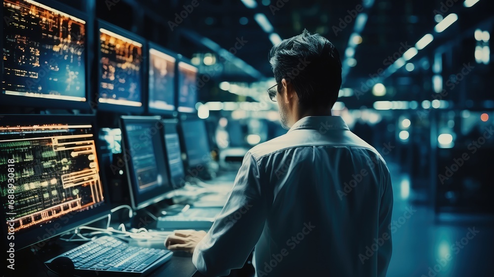 IT Specialist Using Laptop Computer , Server Farm Cloud Computing Facility with System Administrator Working, Troubleshooting and upgrading server farm. IT Specialist Using Laptop Computer , Server Farm Cloud Computing Facility with System Administrator Working, Troubleshooting and upgrading server farm.