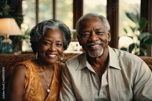 Smiling Elderly African American Black Couple Enjoying Life Together in Their Comfortable Living Room Radiating Happiness Contentment Generative AI