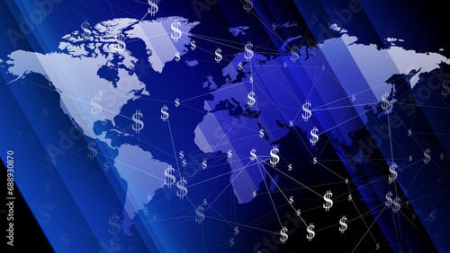 Dollar map global financial news backdrop showcasing world economy, symbolizing wealth and income with dollar sign, accounting for profit, promoting sales, and presenting pattern of rich countries