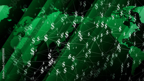 Inflation impacts international news on dollars background with world map, finance, and dollar sign, influencing global financial news and money in many countries