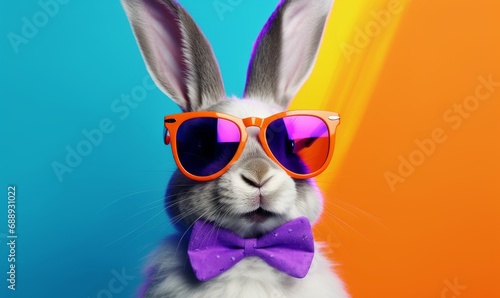 Cool bunny with sunglasses on colorful background. Generative AI