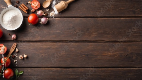 Flour on a wooden board. cooking kitchen background. Empty copy space.