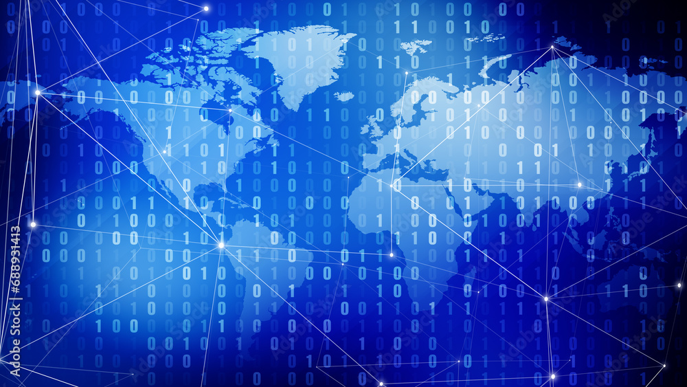 Global network map lines, dots, and binary code exploring cyber security of digital world and combating cyber crime through global communication and technology news