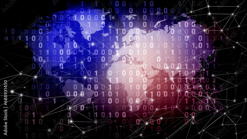 Cyber security and global communication in digital world map lines dots binary algorithm cyber attack and data privacy for network security Cyber security and global communication in digital world map lines dots binary algorithm cyber attack and data privacy for network security