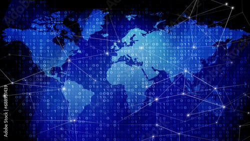 Global communication and map lines connecting dots of binary code in digital world of cyber security and technology news