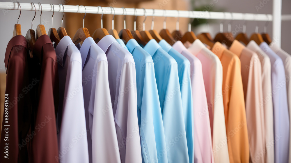 Rack with row of clean shirts on hangers.