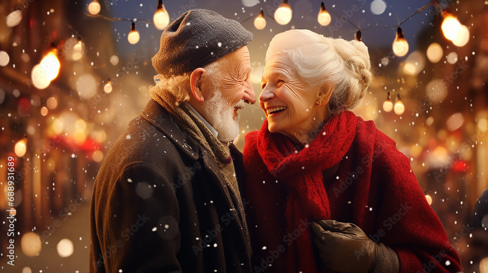 An elderly couple celebrates Christmas warmly and happily.