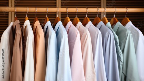 Rack with row of clean shirts on hangers.