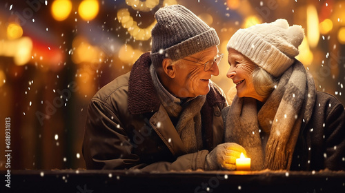 An elderly couple celebrates Christmas warmly and happily.