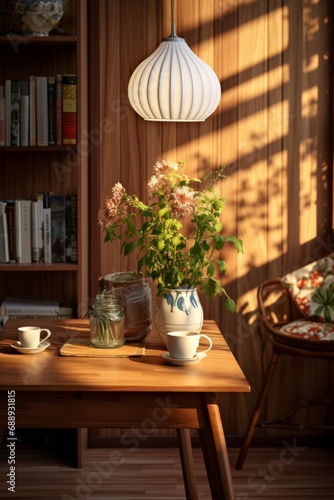 Ultra realistic photograph of design detailed interior with armchair and plants