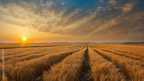 Sunset in a ripe wheat field. Generative AI