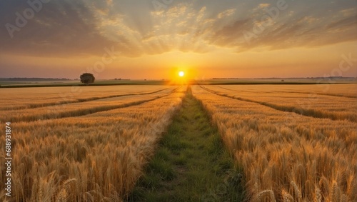 Sunset in a ripe wheat field. Generative AI