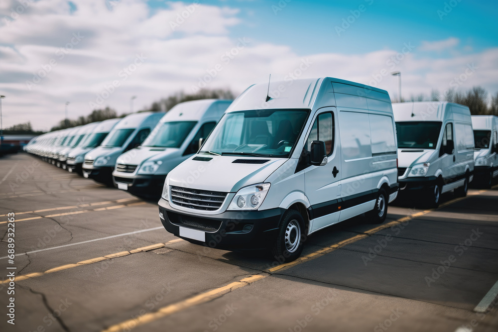 White cargo vans parked at warehouse. - obrazy, fototapety, plakaty 