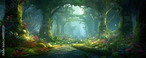 A beautiful enchanted forest with big fairytale trees and great vegetation. Illustration, Generative AI