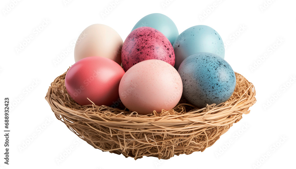 easter eggs in a basket of straw isolated
