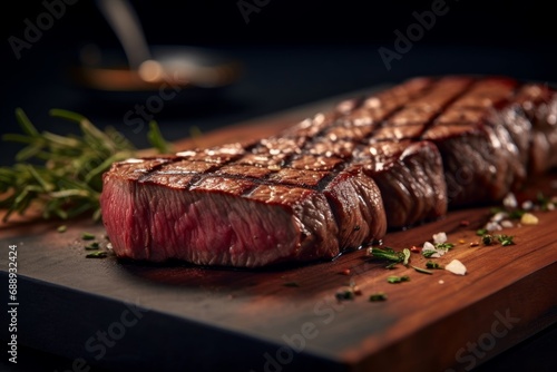 Angus steak against medium-rare fillet cooked over hot coals. Generative AI photo