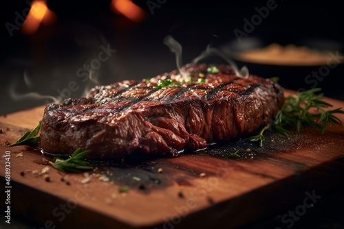 Angus steak against medium-rare fillet cooked over hot coals. Generative AI